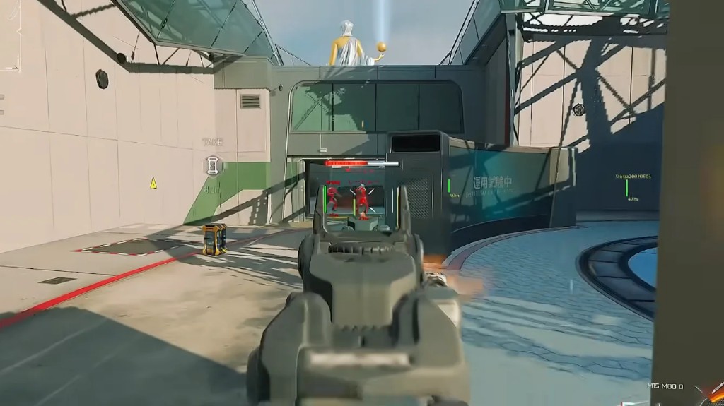 Sight picture with red player markers ahead inside a building
